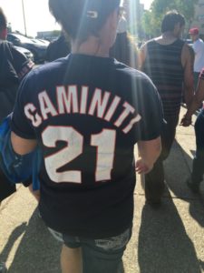 A fan wears one of the many old-school Caminiti T-shirts seen at Petco Park during the Padres Hall of Fame induction ceremony for Ken Caminiti.