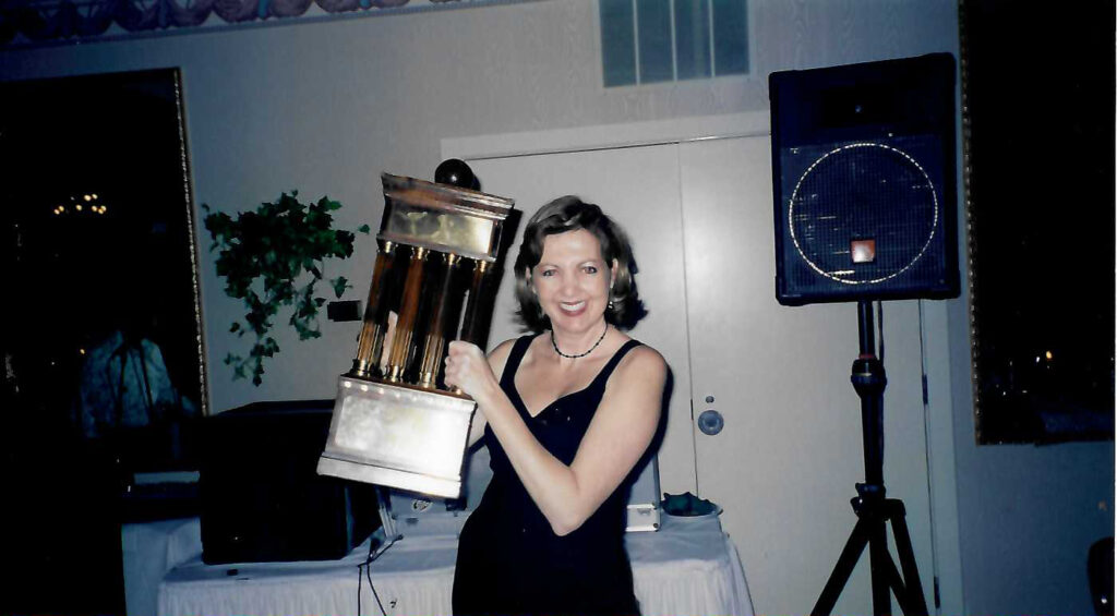 Jane Mitchell with the Padres 1998 NL Championship trophy