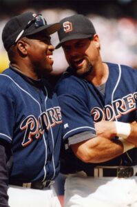 Tony Gwynn and Ken Caminiti smiling together in Padres uniforms